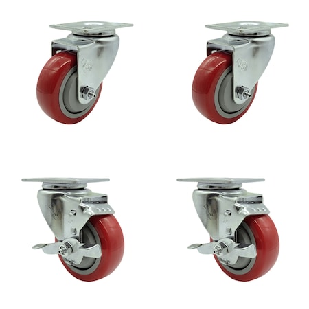 Service Caster 3.5 Inch Red Polyurethane Wheel Swivel Top Plate Caster Set with 2 Brakes SCC SCC-20S3514-PPUB-RED-TP3-2-TLB-2